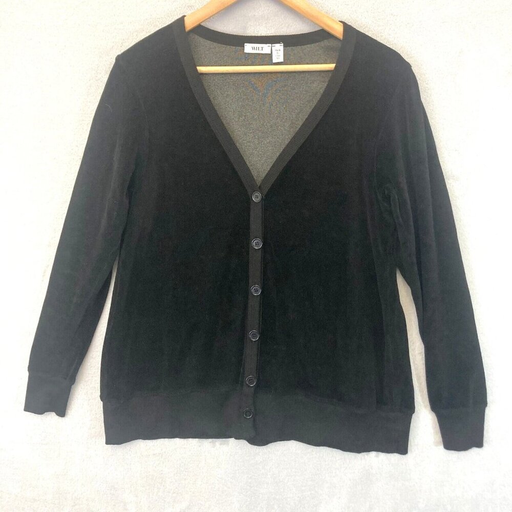 WILT Slouchy Velour Cardigan‎ Sweater Black Womens XS Velour Made In USA Boxy